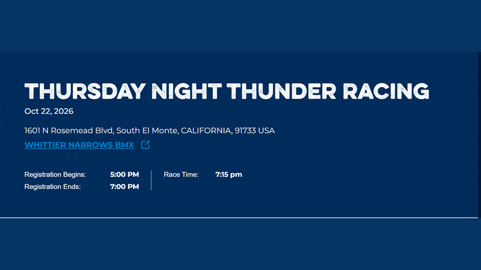Whittier Narrows BMX Thursday Night Thunder Racing — October 22, 2026 poster or cover