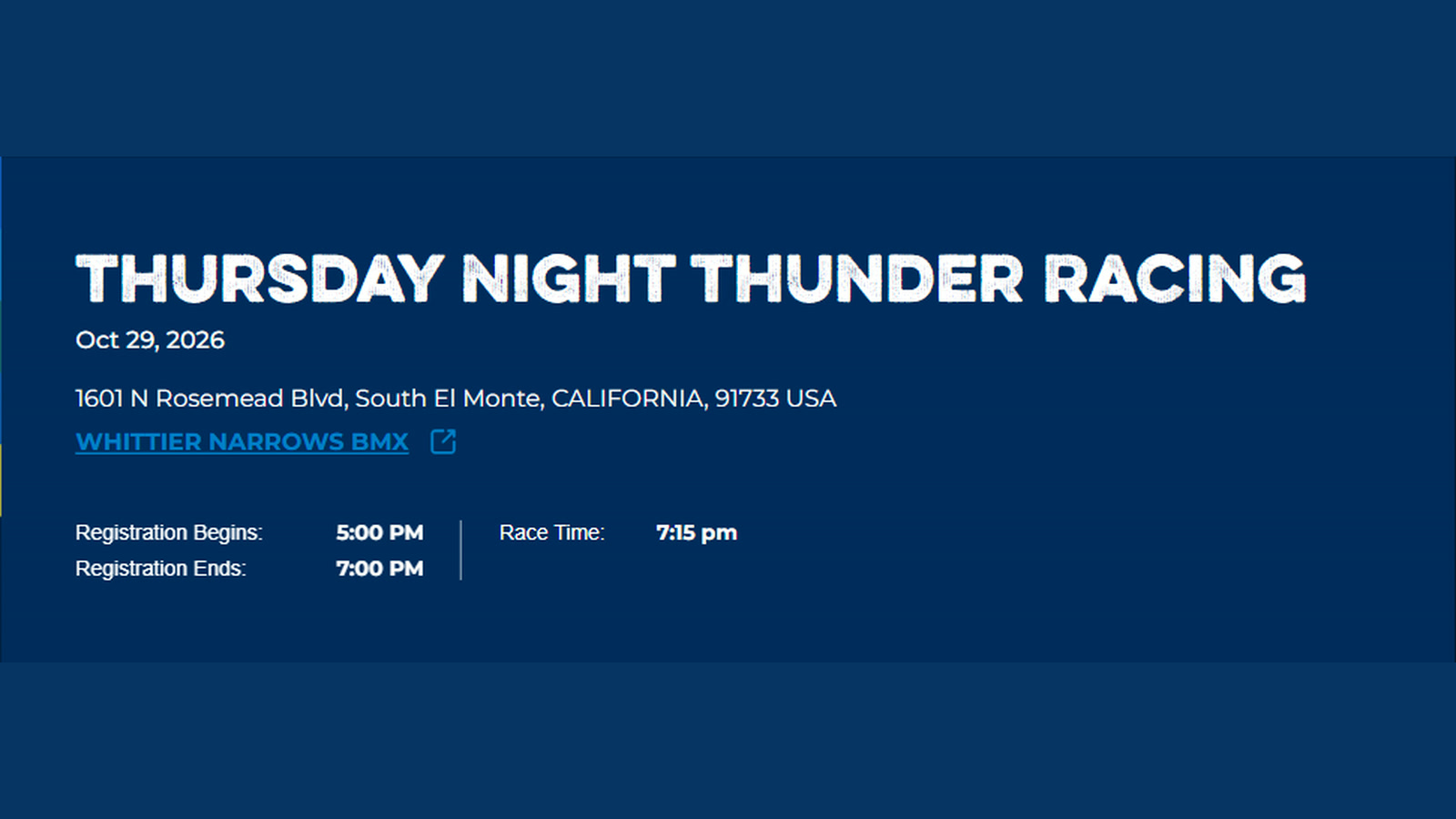 Whittier Narrows BMX Thursday Night Thunder Racing — October 29, 2026 poster or cover