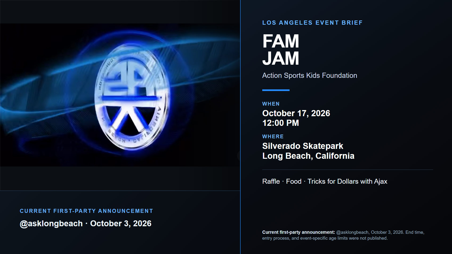 ASK Long Beach Fam Jam at Silverado Skatepark 2026 poster or cover