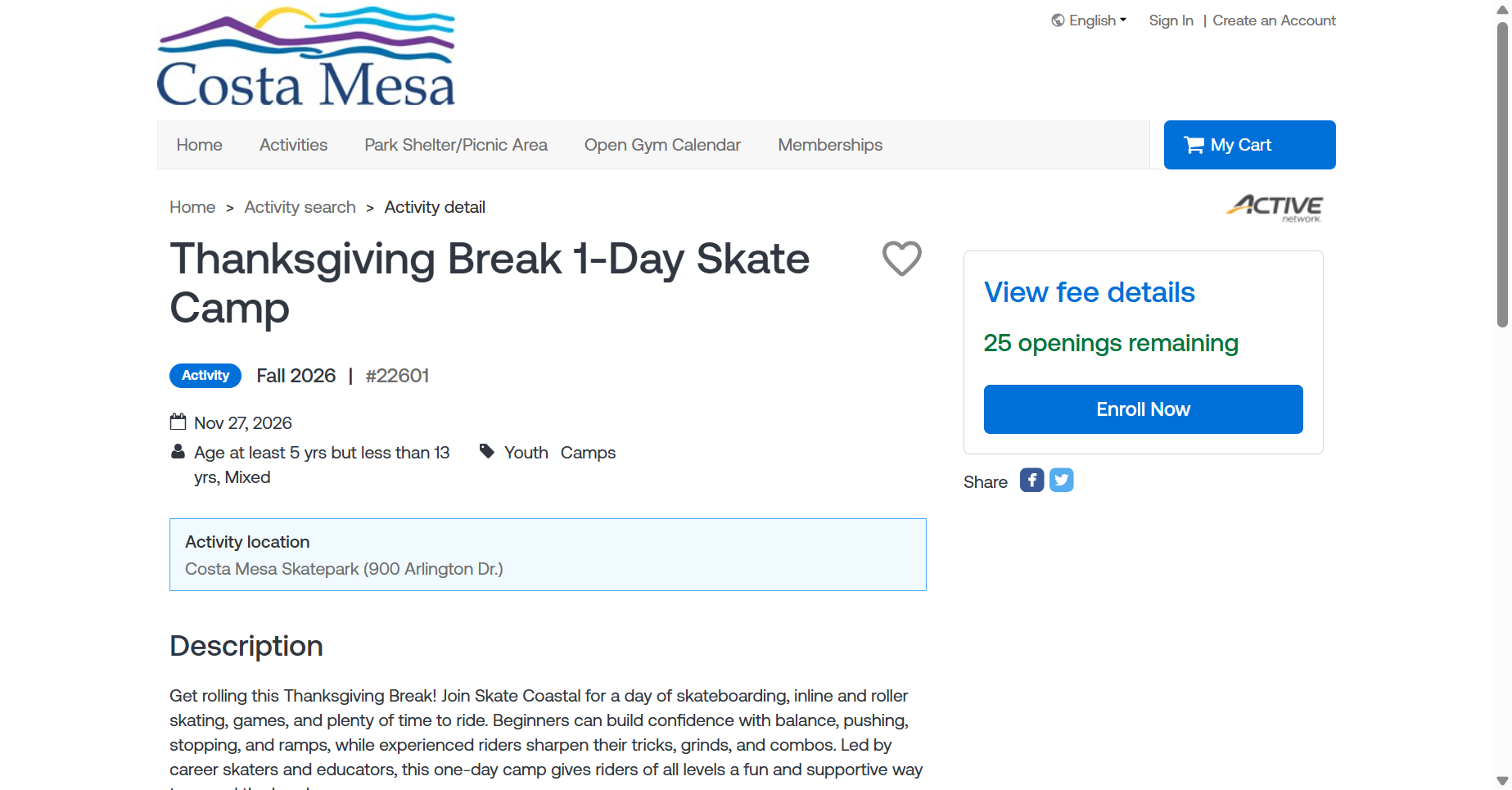 Thanksgiving Break 1-Day Skate Camp — Costa Mesa 2026 poster or cover