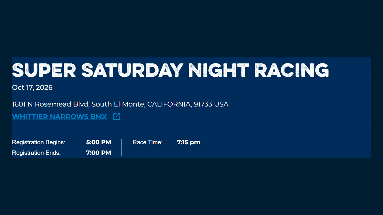 Whittier Narrows BMX Super Saturday Night Racing — October 17, 2026 poster or cover
